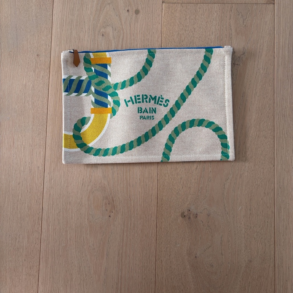 Hermes Beige Canvas Pouch with Green Rope and Yellow Accents